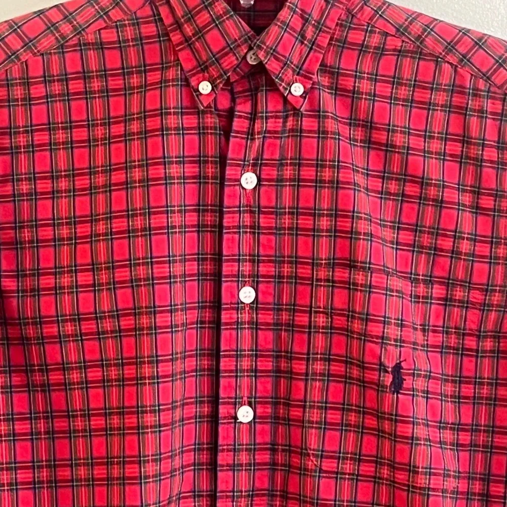 Ralph Lauren Red‎ Christmas Plaid Tartan Button Collar Shirt Small Youth Preppy